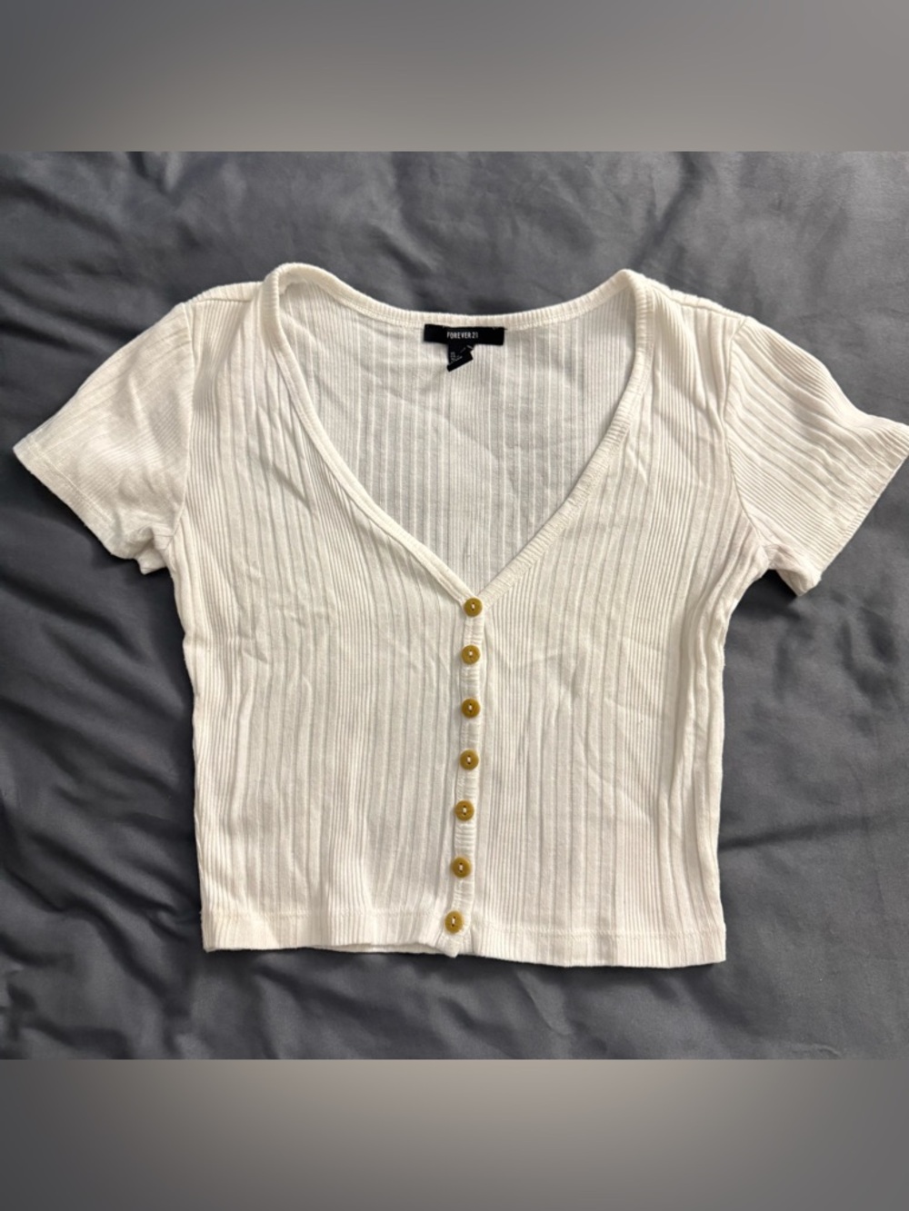 Forever 21 Cream Ribbed V-Neck Button Crop Top
